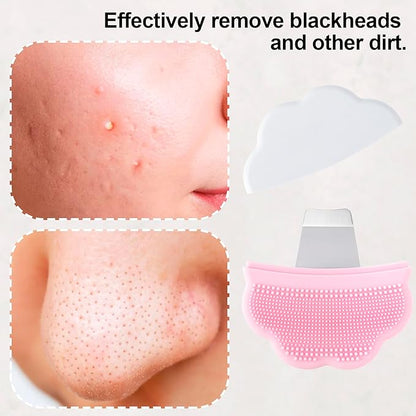Manual Face Spatula, Metal Facial Scraper with Silicone Lid for Men & Women, 2-in-1 Reusable Face Scrubber with Silicone Bristles for Dry Oily Skin- Pink