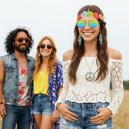 Hicarer Hippie Costume Accessories Include Sunglasses, Peace Sign Necklace, Boho Headband and Earring for 60s 70s Party
