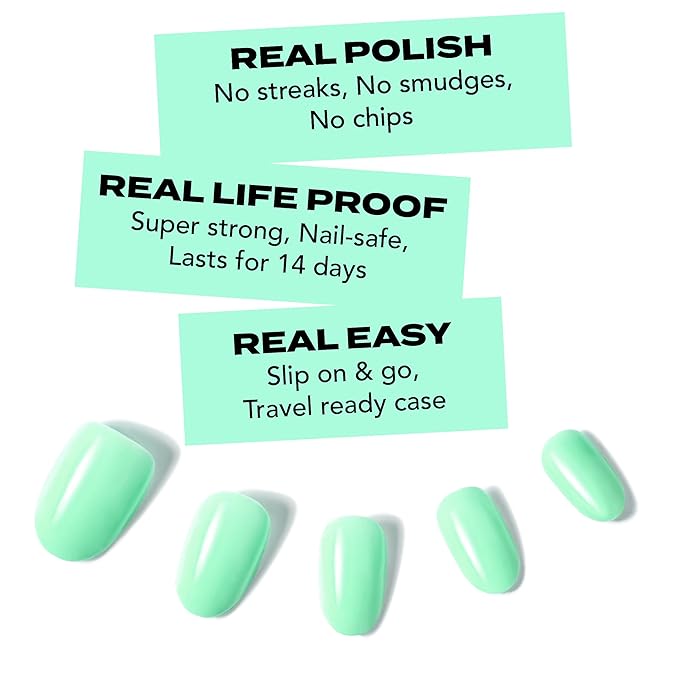 Short Mint Green Glue On Nails | Hard Candy Long Lasting Press On Nails | Pastel False Nails with Real Polish | 24 Nail Kit in 12 Sizes, Strong Glue & Reusable Travel Case Included.
