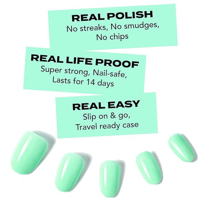 Short Mint Green Glue On Nails | Hard Candy Long Lasting Press On Nails | Pastel False Nails with Real Polish | 24 Nail Kit in 12 Sizes, Strong Glue & Reusable Travel Case Included.