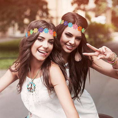 4 Pcs Hippie Costume Accessories Set 70s Peace Sign 60s Outfits for Women Necklace Daisy Earrings Flower Headband Sunglasses