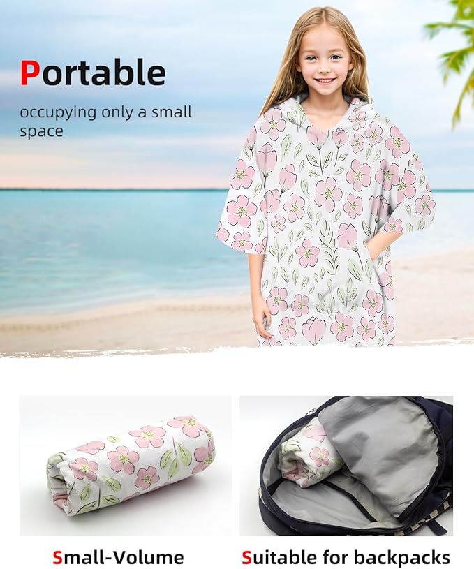 Abahub Surf Poncho Women & Men Towel Poncho Adult with Hood, Thick Quick Dry Changing Poncho Towel, Microfiber Wearable Cover Up for Surfing Beach Swim - Absorbent Changing Towel S (Pink Flower)