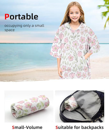 Abahub Surf Poncho Women & Men Towel Poncho Adult with Hood, Thick Quick Dry Changing Poncho Towel, Microfiber Wearable Cover Up for Surfing Beach Swim - Absorbent Changing Towel S (Pink Flower)