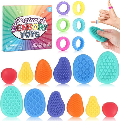 Fidget Sensory Stone Toys for Kids: 12 Pack Textured Soft Worry Stone Sensory Rings for Autism Kid Classroom Calming Down Tools Quiet Stress Anxiety Finger Toy Basket Stocking Stuffer