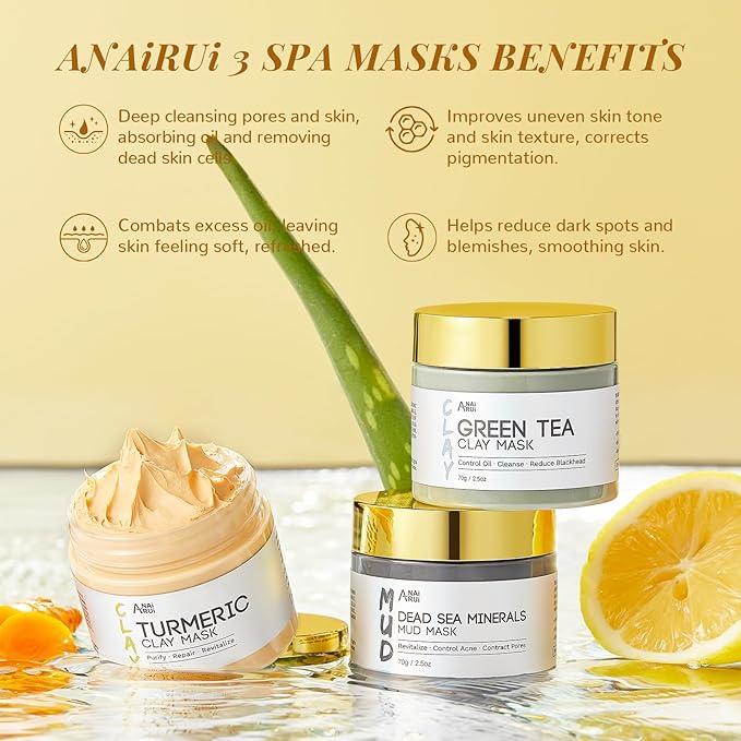ANAI RUI Christmas Face Mask Gift Set, Turmeric Clay Mask - Green Tea Clay Mask - Dead Sea Minerals Mud Mask, Spa Facial Mask Set, Face Mask Gift Set 2.5 oz each