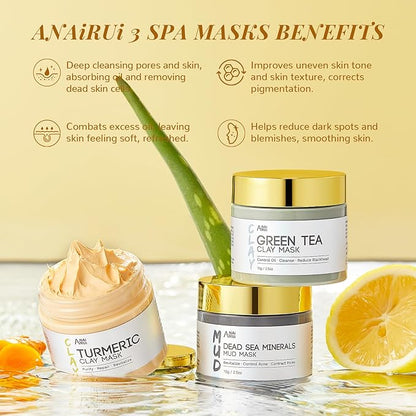 ANAI RUI Christmas Face Mask Gift Set, Turmeric Clay Mask - Green Tea Clay Mask - Dead Sea Minerals Mud Mask, Spa Facial Mask Set, Face Mask Gift Set 2.5 oz each