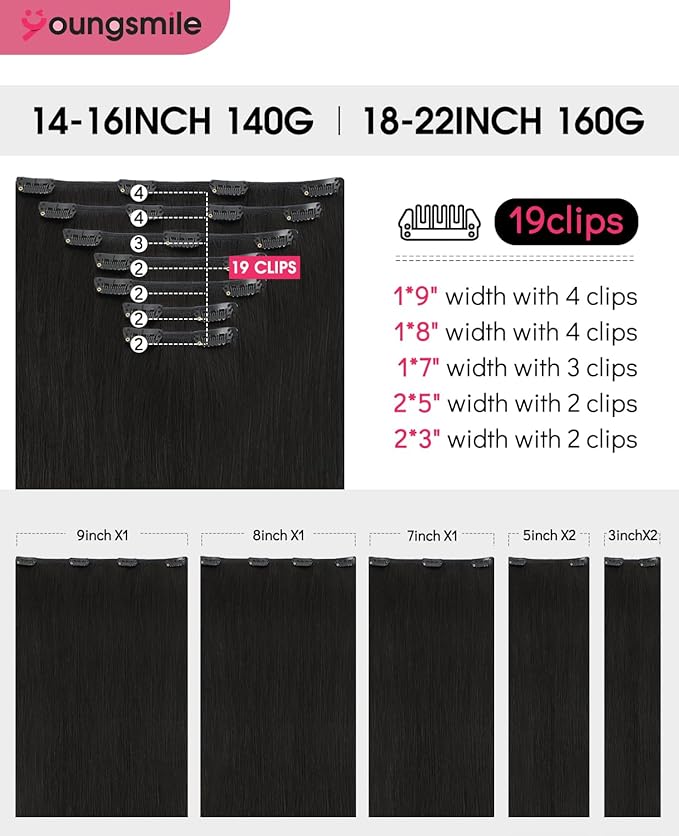 Youngsmile Clip in Hair Extensions Real Human Hair Natural Black Hair Clip in Extensions for Women Silky Straight Double Drawn 14Inch 140g 7 Pcs (7C#1B-14Inch)