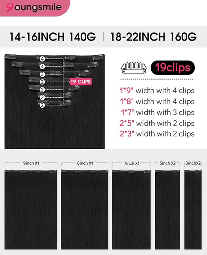 Youngsmile Clip in Hair Extensions Real Human Hair Natural Black Hair Clip in Extensions for Women Silky Straight Double Drawn 14Inch 140g 7 Pcs (7C#1B-14Inch)