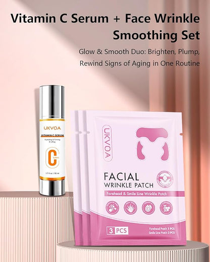 Forehead Wrinkle Patches & Smile Line Patches, Overnight Facial Wrinkle Treatment with Hyaluronic Acid, Aloe, Collagen & Vitamin E to Lift Smile Lines for Women 36pcs with Vitamin C Serum