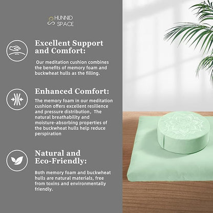 Meditation Zafu Cushion Set with Buckwheat Hulls & Memory Foam - Ergonomic Support for Yoga & Sitting - Removable Machine-Washable Luxury Velvet Cover - for Adults and Kids (Sage Green)