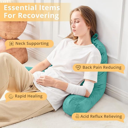 Sasttie Reading Pillow, Velvet Back Pillow for Bed Sitting Up, Adult Back-Rest Support Cushion with Arms for Sit Up on Couch, Sofa, and Floor, Dorm Essentials, Reading Accessories, Teal Cyan