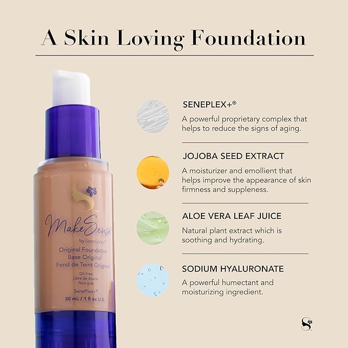 SeneGence MakeSense Original Foundation, Porcelain, 1 Fl Oz, Long-Lasting Oil-Free Formula with Skin-Nourishing Ingredients, Water-Resistant