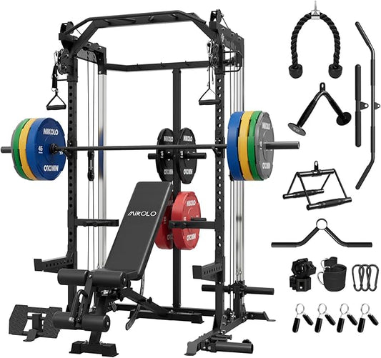 Mikolo Power Cage, 2000LB Power Rack with Independent Dual Pulley System, Multi-Function Home Gym Workout Machine for Cable Crossover