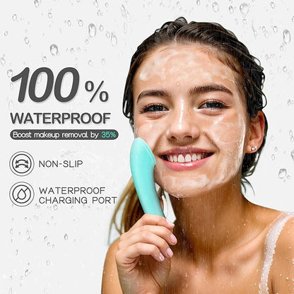 PRITECH Silicone Face Scrubber, Rechargeable Facial Cleansing Brush with Heat Massage End, Vibrating Exfoliator Scrubber for Deep Cleaning, Waterproof Face Brush for Women and Men (Green)