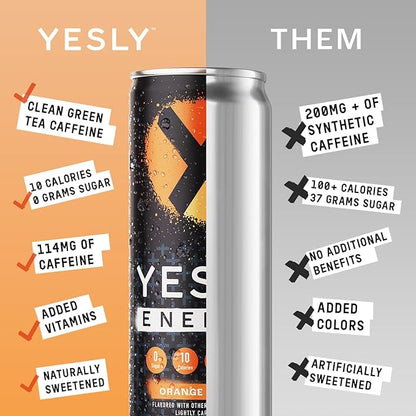 Yesly Energy - All Natural Clean Energy Drink - Zero Sugar Functional Energy – 114mg of Green Tea Extracted Caffeine Per Serving - Variety Pack, 12 Fl Oz (Pack of 12) (12 Fl Oz (Pack of 12), Orange Cream)