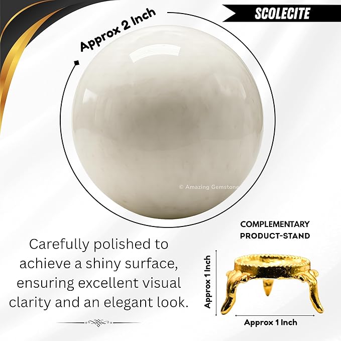 Amazing Gemstone Scolecite Crystal Ball with Stand - 2 Inches Crystal Sphere Meditation Balls for Witchcraft and Decorative Balls