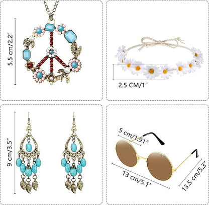Hicarer Hippie Costume Accessories Include Sunglasses, Peace Sign Necklace, Boho Headband and Earring for 60s 70s Party