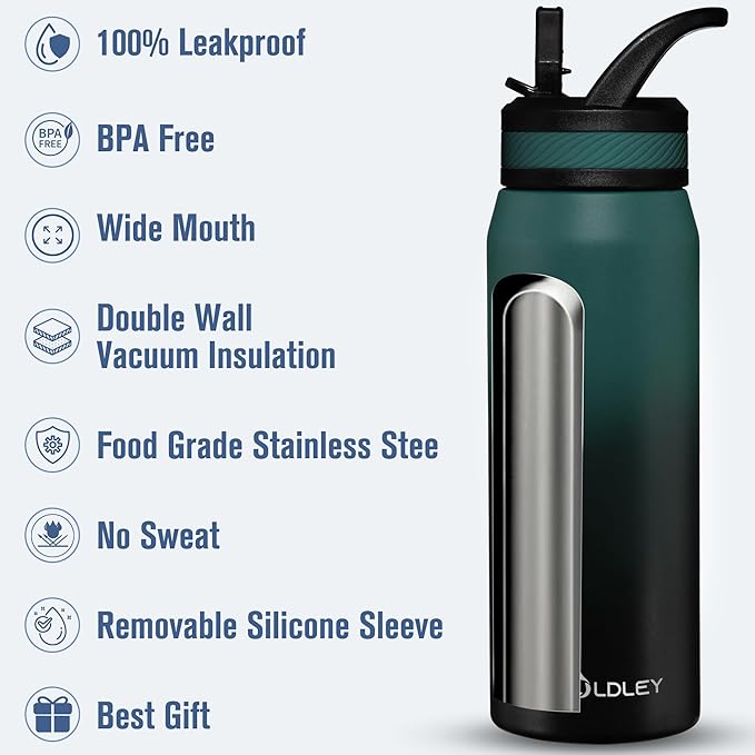 OLDLEY 24 oz Insulated Water Bottle With Straw, Stainless Steel Sports Water Cup Flask with 3 Lids(Straw, Spout and Handle Lid) Double Walled Travel Thermal Canteen Mug,Midnight Black