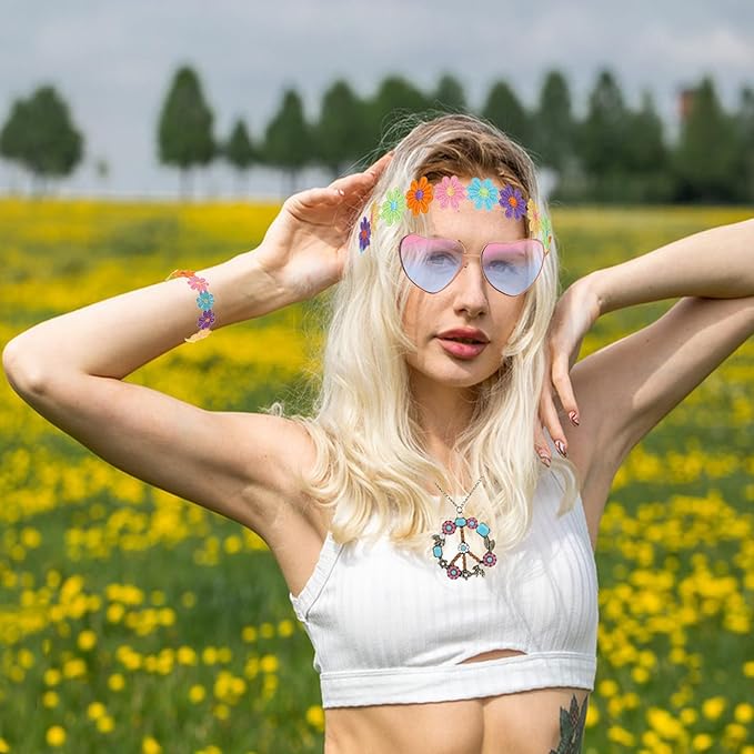 5 Pcs Hippie Costume Accessories Set Women, 60s 70s Party Dressing Accessory Peace Sign Necklace Party Decorations for Party