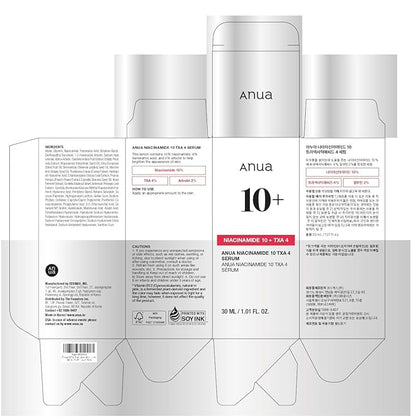 ANUA Niacinamide 10 + TXA 4 Serum, Hyaluronic Acid, Tranexamic acid, Facial Serum for Glass Skin, Clarifying, Radiant Complexion with Natural Color, Korean Skin Care (30ml /1.01 fl.oz)