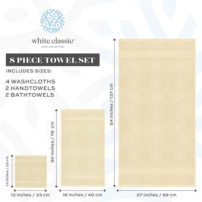 White Classic Luxury Bath Towel Set of 8 Pieces - 100% Turkish Cotton Highly Absorbent Towels for Bathroom, 2 Luxury Bath Towels 700GSM, 2 Hand Towels, 4 Washcloths, Beige