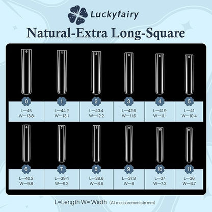 XXL Nail Tips Square 504 Pcs 12 Sizes - No C Curve Flat Square Nail Tips Clear 2XL Full Cover Tapered Gel Acrylic Fake Nails Gelly Tips for Nail Extension Nail Art