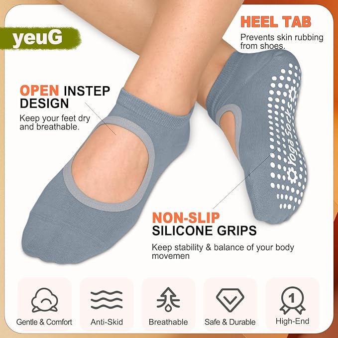 yeuG Grip Pilates Socks for Women Yoga Socks with Grips Open Top Non Slip Grippy Socks for Barre, Ballet, Barefoot Workout