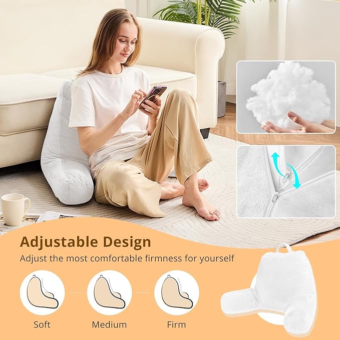 Sasttie Reading Pillow, Velvet Back Pillow for Bed Sitting Up, Adult Back-Rest Support Cushion with Arms for Sit Up on Couch, Sofa, and Floor, Dorm Essentials, Reading Accessories, White