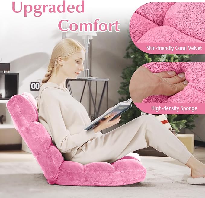 RELAX4LIFE Floor Chair with Back Support - 14-Position Adjustable Lazy Sofa Chair, Padded Sleeper Bed & Couch Recliner for Reading Meditation, Folding Floor Gaming Chair for Adults (Pink)