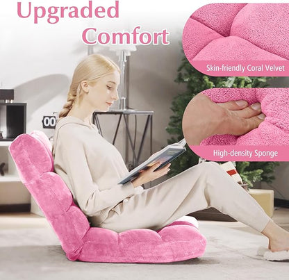 RELAX4LIFE Floor Chair with Back Support - 14-Position Adjustable Lazy Sofa Chair, Padded Sleeper Bed & Couch Recliner for Reading Meditation, Folding Floor Gaming Chair for Adults (Pink)