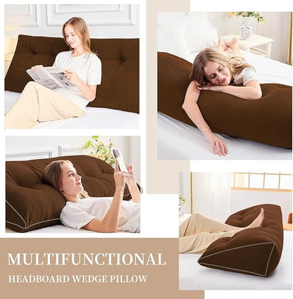 Sasttie Headboard Pillow Full, Wedge Pillow Headboard for Sitting Up in Bed, Back-Rest Support Triangular Cushion for Reading - Features Removable Washable Cover, Brown