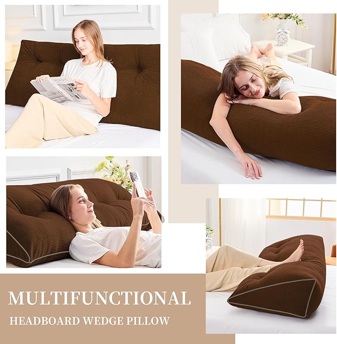 Sasttie Headboard Pillow Queen, Triangular Wedge Pillow Headboard, Wedge Headboard Pillow for Bed Sofa, Daybed Pillows for Sitting up, Reading or Working with Removable Cover, Brown