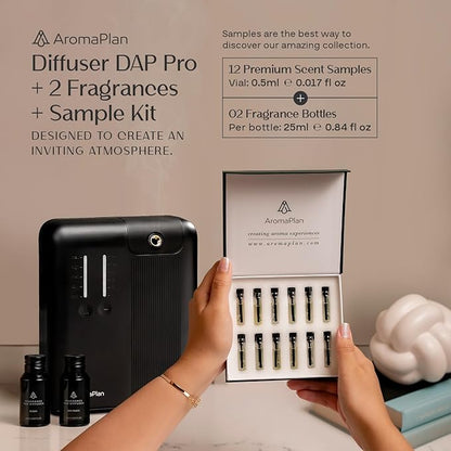 AromaPlan 2025 Waterless, Cold Air HVAC Scent Diffuser Whole House & Commercial Diffuser (Includes 2 Fragrances + 12 Set Sample kit) - Smart Scent Diffuser- Touch & App, 2000 Sq. Ft Cov. (Black)