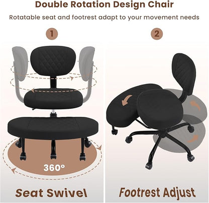 Cross Legged Office Chair with Wheels, Wide Criss Cross Kneeling Home Office Desk Chairs with Back Support, Ergonomic Adjustable Height ADHD Stool with Rotating Footrest for Yoga Meditation