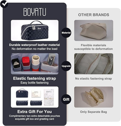 BOYATU Travel Makeup Bag Organizer Cosmetic Bag: 3 Pcs Set Make up Bags for Women with Handle - Waterproof Vegan Leather Toiletry Bags Travel Essentials Pouch with Compartments (C-12-Dark Blue)