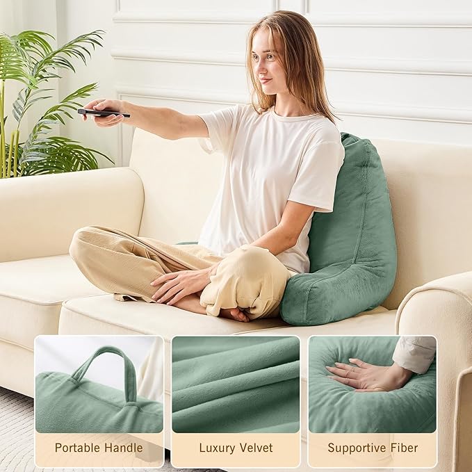 Sasttie Reading Pillow, Velvet Back Pillow for Bed Sitting Up, Adult Back-Rest Support Cushion with Arms for Sit Up on Couch, Sofa, and Floor, Dorm Essentials, Reading Accessories, Sage