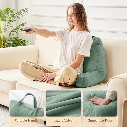 Sasttie Reading Pillow, Velvet Back Pillow for Bed Sitting Up, Adult Back-Rest Support Cushion with Arms for Sit Up on Couch, Sofa, and Floor, Dorm Essentials, Reading Accessories, Sage