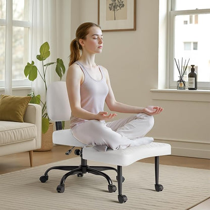Furmax Ergonomic Criss Cross Legged Office Chair with Wheels, 360°Swivel Adjustable Height Kneeling Desk Chair with Footrest for ADHD, Yoga, Meditation, Home Office (Leather, White)