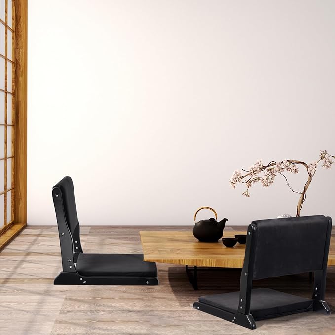 HollyHOME Foldable Tatami Chair, Upholstered Japanese Style Floor Seat, Wood Legless Back Rest With Cushion, Accent Meditation for Bay Window, Living Room, Bedroom, Black