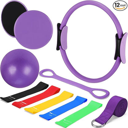 Set of 6 Style Pilates Home Equipment Set Pilates Essential Kit Workout Accessories 14 Magic Circle Mini Exercise Ball Yoga Strap Silicone Tension Strip Tension Band Sliding Plate