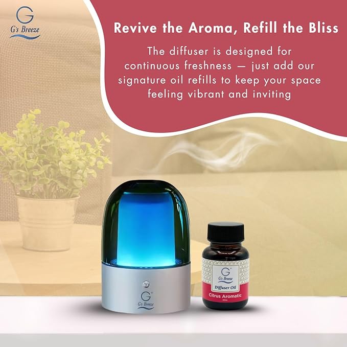 G's Breeze Smart Aroma Diffuser with 60ml Citrus Aromatic Scent Refill – Bluetooth & Wi-Fi App Control, LED Lighting, Adjustable Intensity, Long-Lasting Fresh Zesty Citrus Fragrance for Home or Office