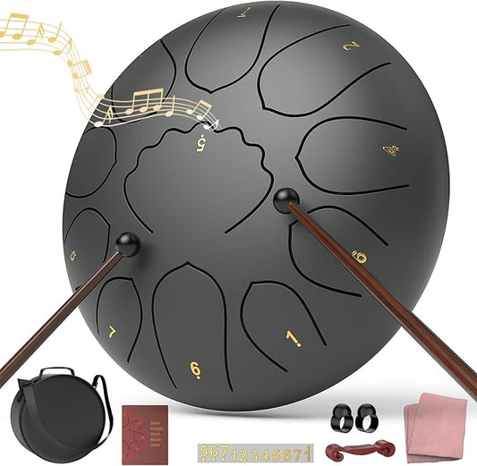 Rain Drum for Outside Garden, 8 Inches 11 Notes Steel Tongue Chakra Drum, Waterproof Meditation Rain Chime, Musical Instruments for Adult Gift with Bag, Music Book, Mallets (Black)