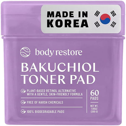 Body Restore Bakuchiol Toner Pads – Christmas Stocking Stuffers, White Elephant, Korean Skin Care, Face Wipe with Niacinamide & Hyaluronic Acid, Travel Essentials, Birthday Gifts for Women, Men