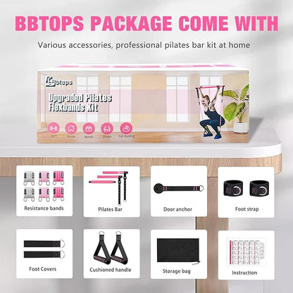 Pilates Bar Kit with Resistance Bands,Pilates Bar with Stackable Bands Workout Equipment for Legs,Hip,Waist and Arm,Exercise Fitness Equipment for Women & Men Home Gym Yoga Pilates