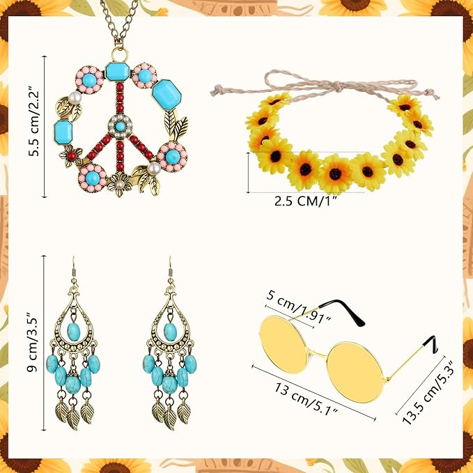 Hicarer Hippie Costume Accessories Include Sunglasses, Peace Sign Necklace, Boho Headband and Earring for 60s 70s Party