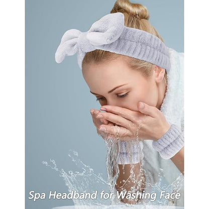 VELSCRUN Spa Headbands for Wash Face, Makeup Headband, Facial Skincare Headbands, 5 Pcs Grey Puffy Sponge Spa Headband Bow Tie Hair Band Hair Clips Wristband Set Women Girls Accessories
