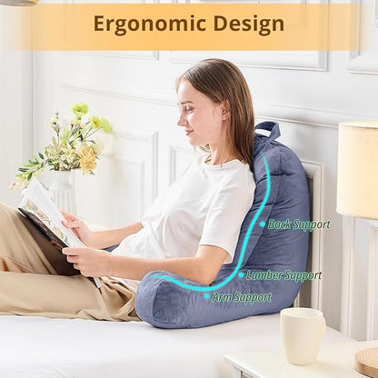 Sasttie Reading Pillow, Velvet Back Pillow for Bed Sitting Up, Adult Back-Rest Support Cushion with Arms for Sit Up on Couch, Sofa, and Floor, Dorm Essentials, Reading Accessories, Grey Purple