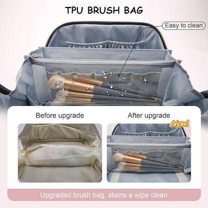 BOYATU Travel Makeup Bag Organizer Cosmetic Bag: 3 Pcs Set Make up Bags for Women with Handle - Waterproof Vegan Leather Toiletry Bags Travel Essentials Pouch with Compartments (F-03-Pink)