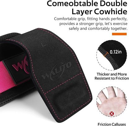 WALITO Weight Lifting Wrist Straps (Pair),Double Layer Leather Grips for Deadlift,Powerlifting and Gym Workouts, Adjustable Neoprene Padded Wrist Wraps - Men/Women, Heavy Duty Support