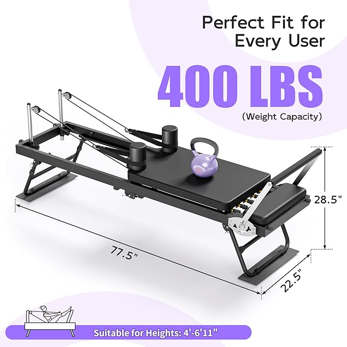 MU Pilates Reformer, Foldable Reformer Pilates Machine & Equipment for Home Use and Gym Workout, Suitable for Advanced and Beginners Users, Up to 400 lbs Weight Capacity, Black